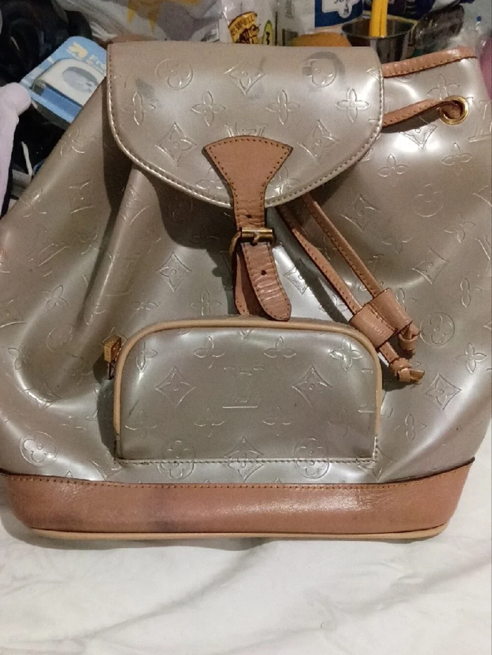 Louis Vuitton Metallic Taupe Drawstring Monogram Backpack with Tan Trim